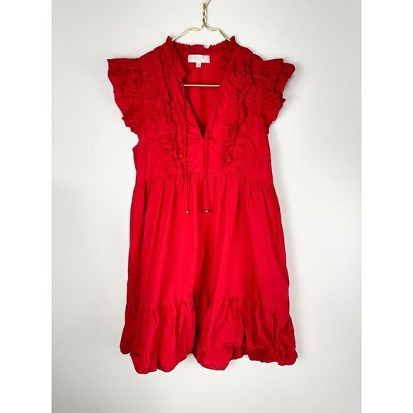 CAROLINE CONSTAS New York Solid Bright Red Shirred Dress Size Medium - Picture 1 of 9